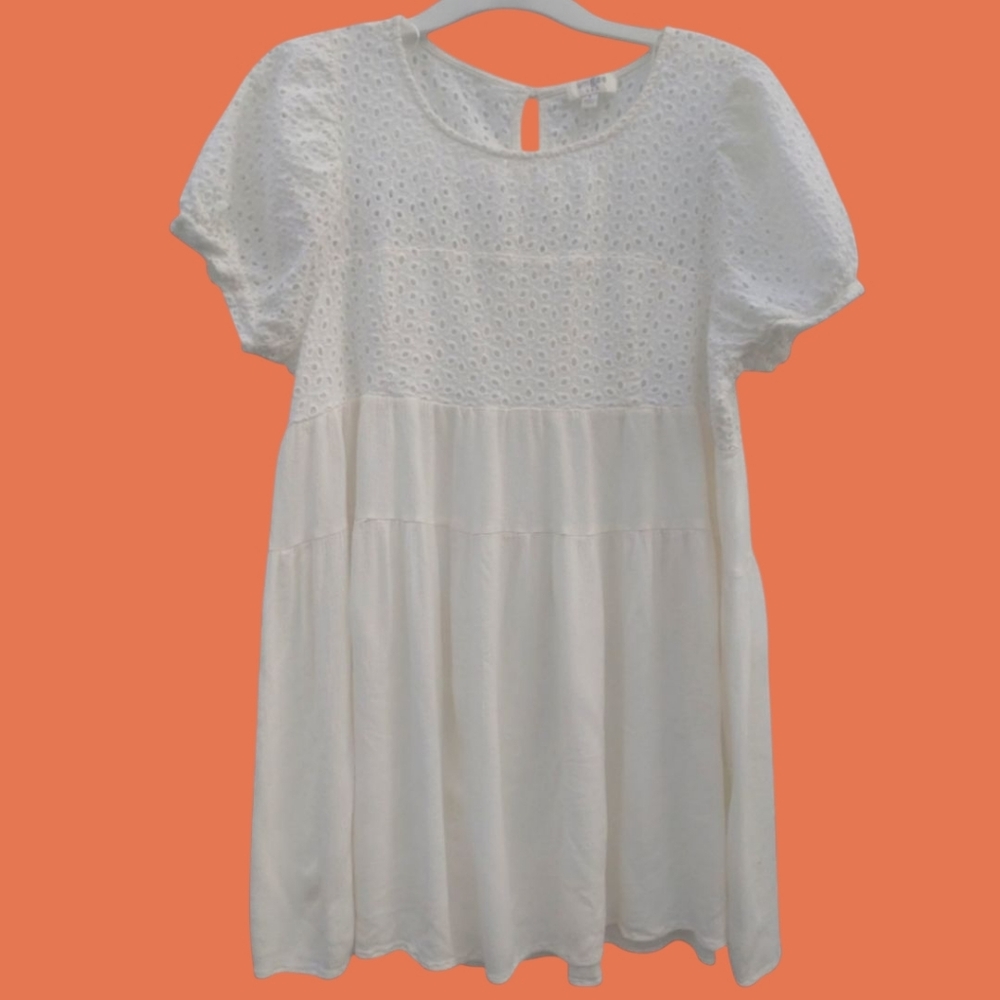 Umgee Light Cream Eyelet Short Sleeve Dress With Tiered Skirting